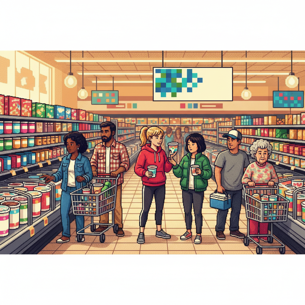 A high-angle view of a bright, modern organic grocery store aisle where diverse people in stylish leisurewear and professional attire are browsing the frozen section. A young athlete examines a pint container, a couple discusses nutritional labels, and a store clerk restocks a vibrant shelf of colorful premium frozen desserts. The atmosphere is clean, airy, and bustling.