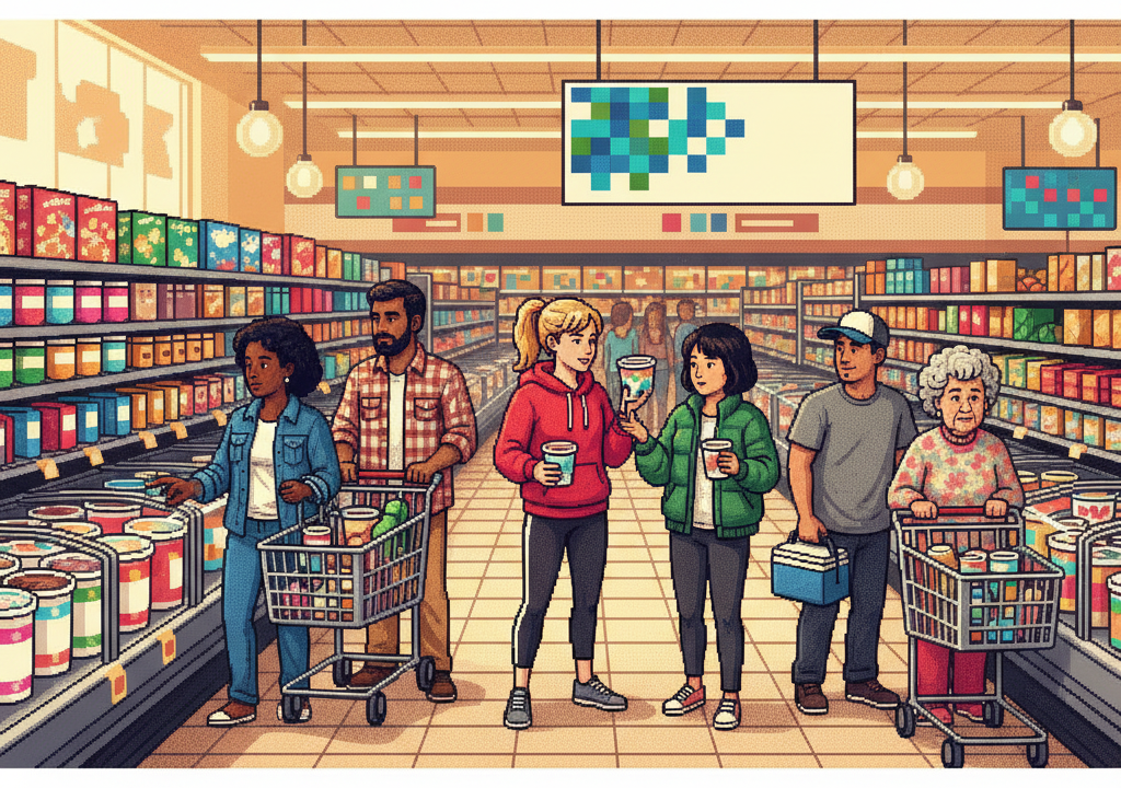 A high-angle view of a bright, modern organic grocery store aisle where diverse people in stylish leisurewear and professional attire are browsing the frozen section. A young athlete examines a pint container, a couple discusses nutritional labels, and a store clerk restocks a vibrant shelf of colorful premium frozen desserts. The atmosphere is clean, airy, and bustling.