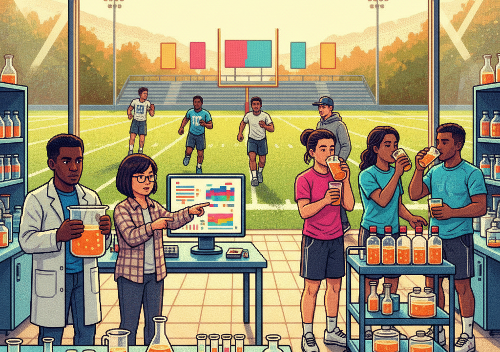 Pixel art image of a football field with a science lab in the background, a football player drinking a colorful beverage