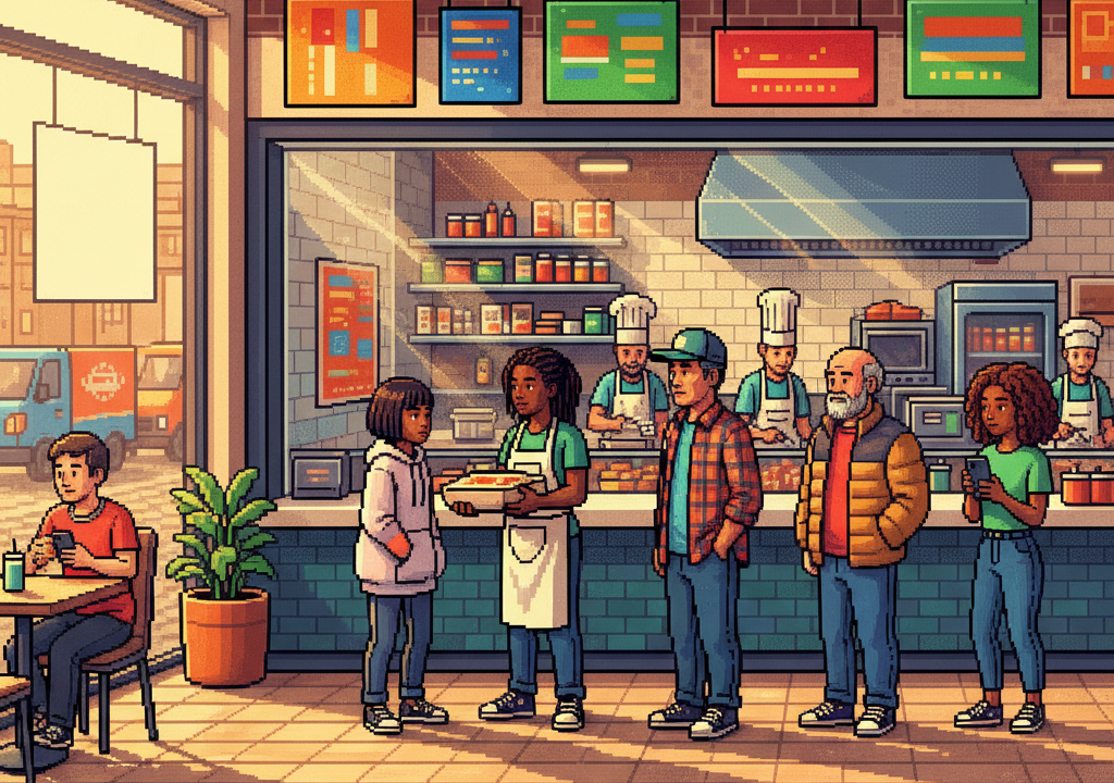 A busy urban street at night featuring a sleek shared kitchen facility where various delivery riders on e-bikes wait while chefs inside prep vibrant takeout containers.
