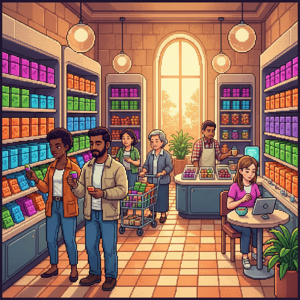 Diverse group of people in a bright, modern grocery aisle featuring 'Portion-Plus' kiosks, with shoppers examining small, premium-packaged snack pouches.