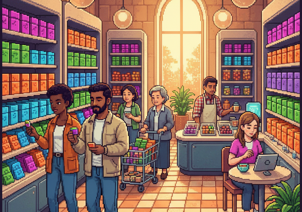 Diverse group of people in a bright, modern grocery aisle featuring 'Portion-Plus' kiosks, with shoppers examining small, premium-packaged snack pouches.