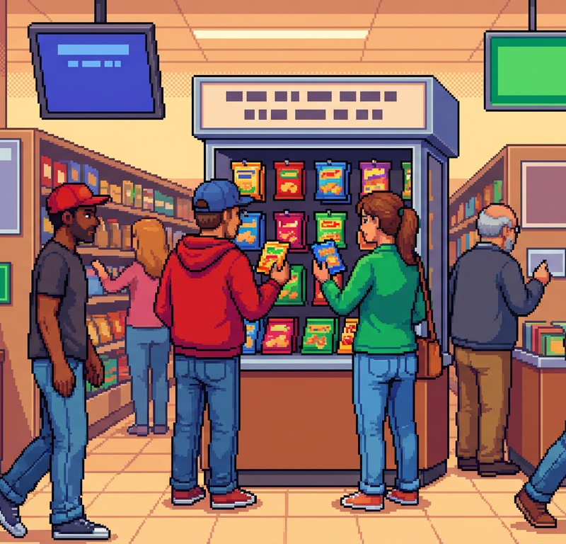 Diverse group of people in a bright, modern grocery aisle featuring 'Portion-Plus' kiosks, with shoppers examining small, premium-packaged snack pouches.