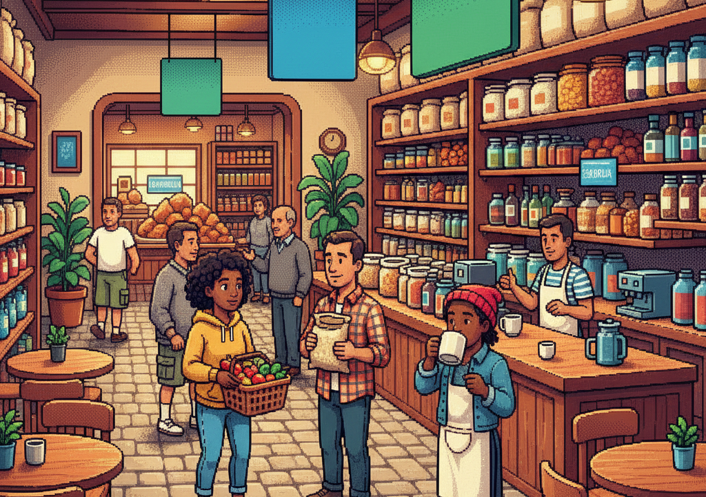 A pixel-art scene depicting a vintage health resort nestled in rolling hills, with a small, rustic dining table in the foreground holding a bowl of cereal pieces soaking in milk.
