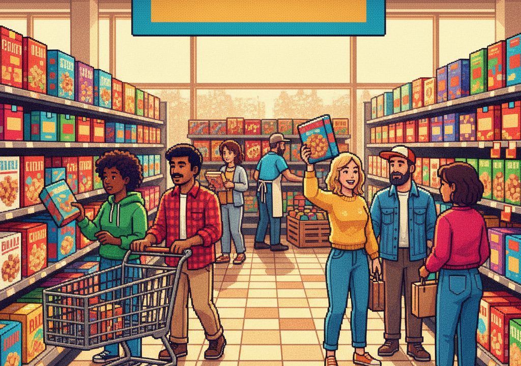 A pixel-art scene of an old-fashioned kitchen with a steaming mug and a cereal box on a wooden table.