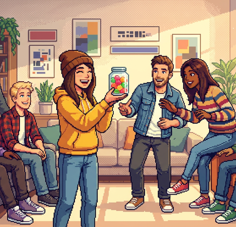 A group of diverse friends in a sunlit modern apartment lounge, one person holding a stylish glass jar of colorful translucent gummies while others laugh and reach for some, wearing stylish casual hoodies and denim.