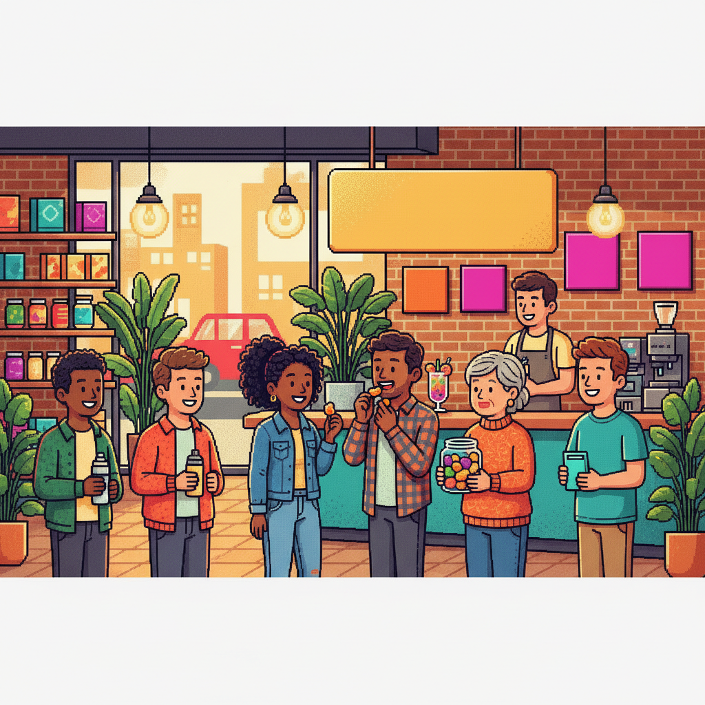 A group of diverse friends in a sunlit modern apartment lounge, one person holding a stylish glass jar of colorful translucent gummies while others laugh and reach for some, wearing stylish casual hoodies and denim.