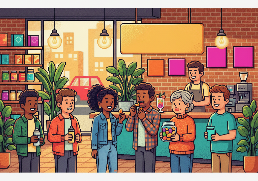 A group of diverse friends in a sunlit modern apartment lounge, one person holding a stylish glass jar of colorful translucent gummies while others laugh and reach for some, wearing stylish casual hoodies and denim.