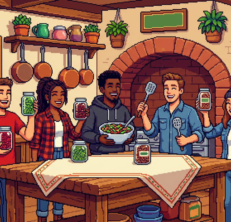 A group of diverse suburban foodies gathered around a rustic kitchen island, laughing while preparing a gourmet bean salad, holding glass jars of vibrant speckled beans, dressed in modern cotton shirts and denim.