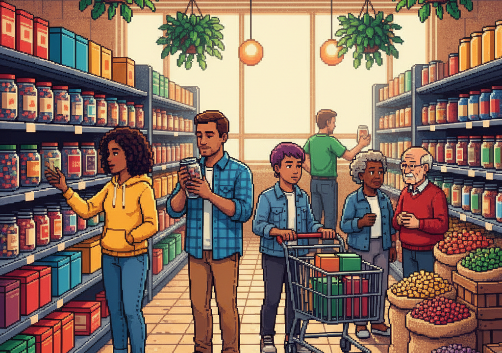 A group of diverse suburban foodies gathered around a rustic kitchen island, laughing while preparing a gourmet bean salad, holding glass jars of vibrant speckled beans, dressed in modern cotton shirts and denim.