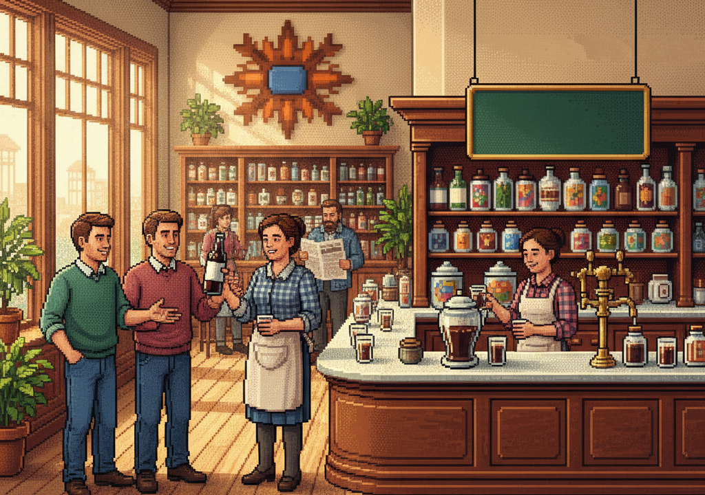 pixel art illustration of an old-fashioned root beer bottle with botanical ingredients like roots and leaves floating around it, a sepia-toned background