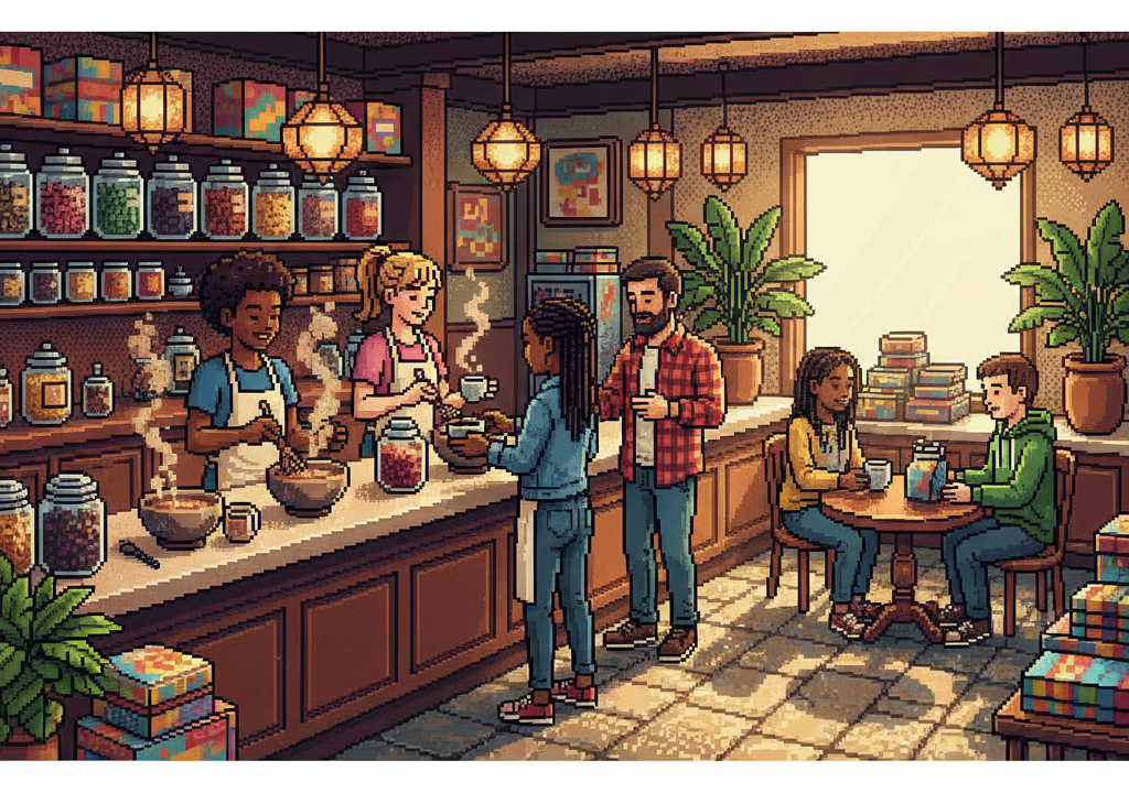 Baristas preparing roasted tea drinks in a crowded cafe