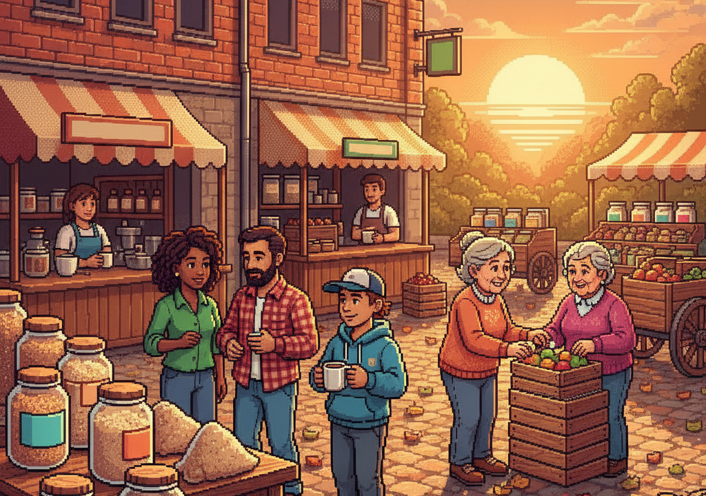 A whimsical pixel-art scene depicting a steaming mug of Horlicks next to a compass and a globe, with a baby bottle subtly in the background.
