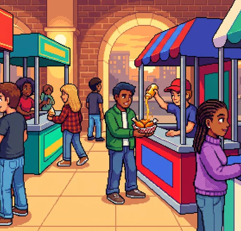 A bustling city food hall where diverse people are drizzling spicy honey over pizza, fried chicken, and soft-serve ice cream at various kiosks.