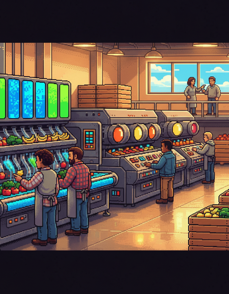 A diverse group of modern warehouse technicians and agricultural engineers in casual workwear stand around a high-tech, stainless-steel conveyor system. They are observing shimmering, multicolored light arrays scanning crates of fresh citrus and avocados as they move through a bright, clean, minimalist industrial facility.