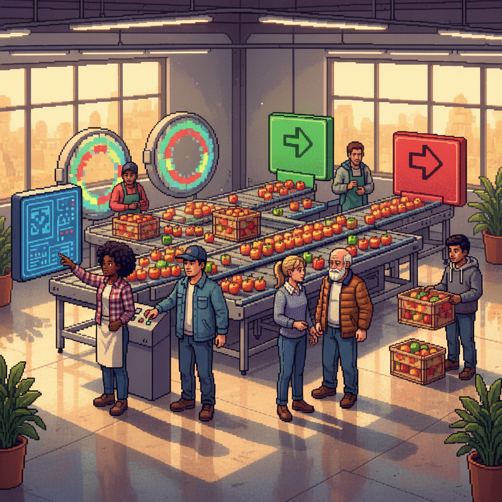 A diverse group of modern warehouse technicians and agricultural engineers in casual workwear stand around a high-tech, stainless-steel conveyor system. They are observing shimmering, multicolored light arrays scanning crates of fresh citrus and avocados as they move through a bright, clean, minimalist industrial facility.