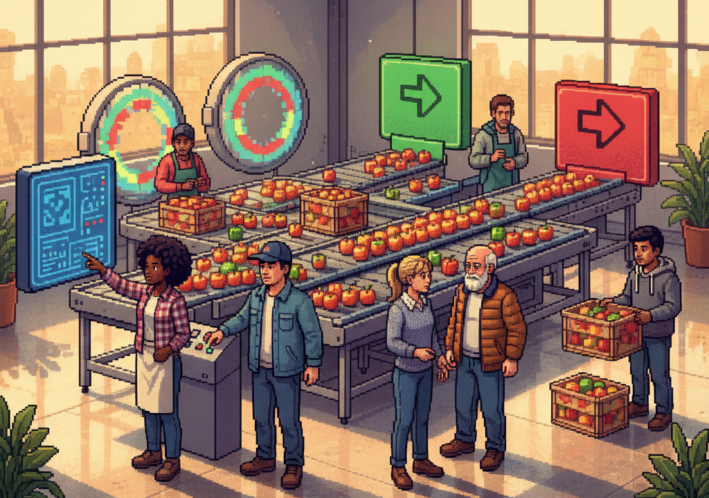 A diverse group of modern warehouse technicians and agricultural engineers in casual workwear stand around a high-tech, stainless-steel conveyor system. They are observing shimmering, multicolored light arrays scanning crates of fresh citrus and avocados as they move through a bright, clean, minimalist industrial facility.