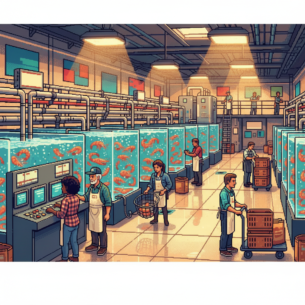 A wide pixel-art scene of a sleek, modern indoor aquaculture facility where diverse technicians in white lab coats monitor glowing blue water tanks while local chefs inspect a fresh harvest of prawns.
