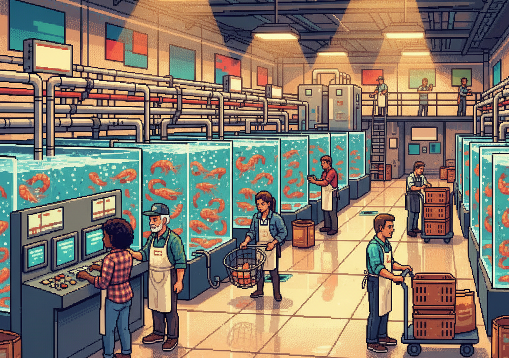 A wide pixel-art scene of a sleek, modern indoor aquaculture facility where diverse technicians in white lab coats monitor glowing blue water tanks while local chefs inspect a fresh harvest of prawns.
