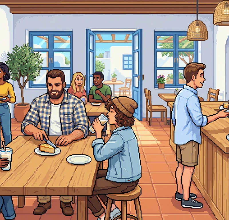 A diverse group of modern young professionals at a bright, minimalist Mediterranean-style cafe, some drinking creamy white horchata from tall glasses and others sampling pale gold tigernut flour pastries, wearing casual linen and cotton clothing.