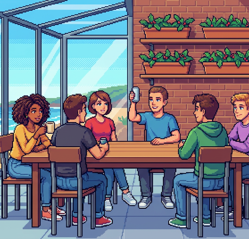 A diverse group of young professionals in casual modern attire gathering in a brightly lit, glass-walled coastal cafe, holding sleek aluminum cans and ceramic mugs, with vibrant green holly-like plants visible in decorative planters in the background.
