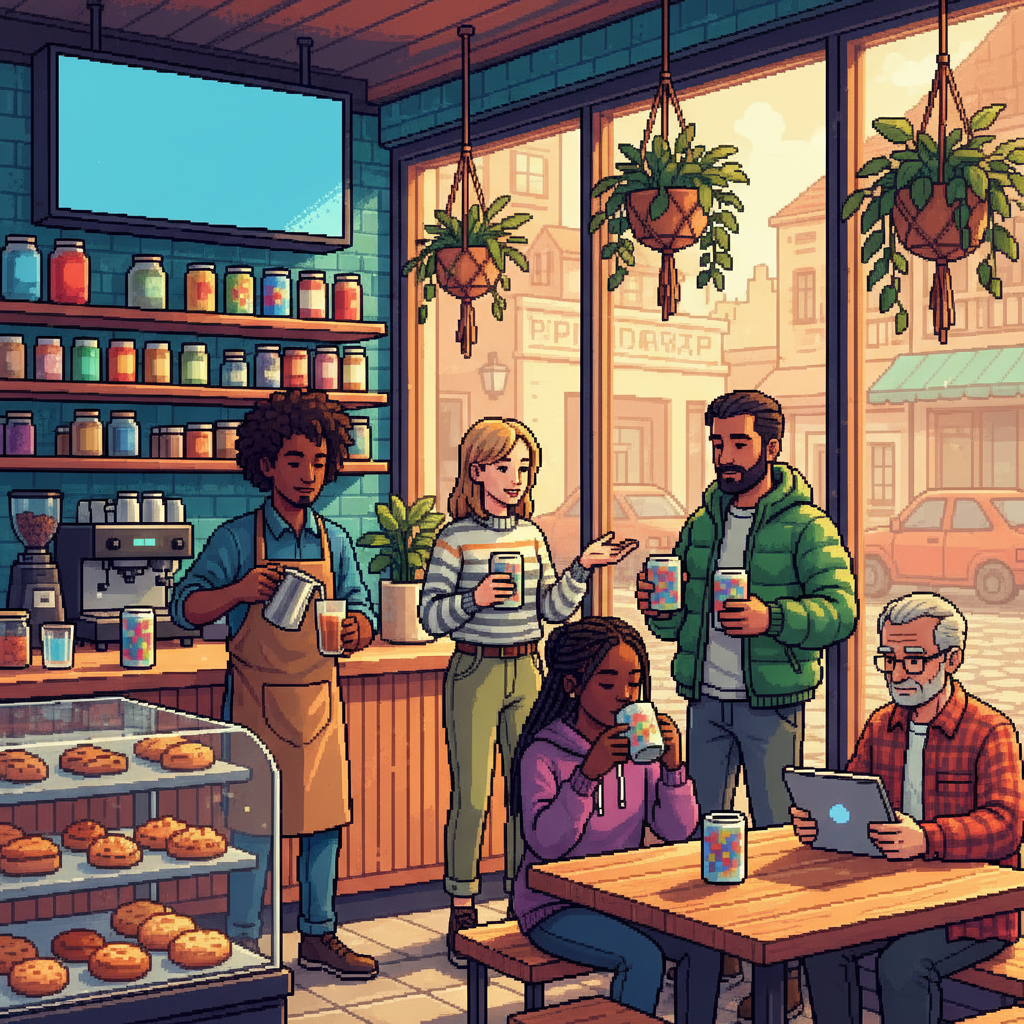 A diverse group of young professionals in casual modern attire gathering in a brightly lit, glass-walled coastal cafe, holding sleek aluminum cans and ceramic mugs, with vibrant green holly-like plants visible in decorative planters in the background.