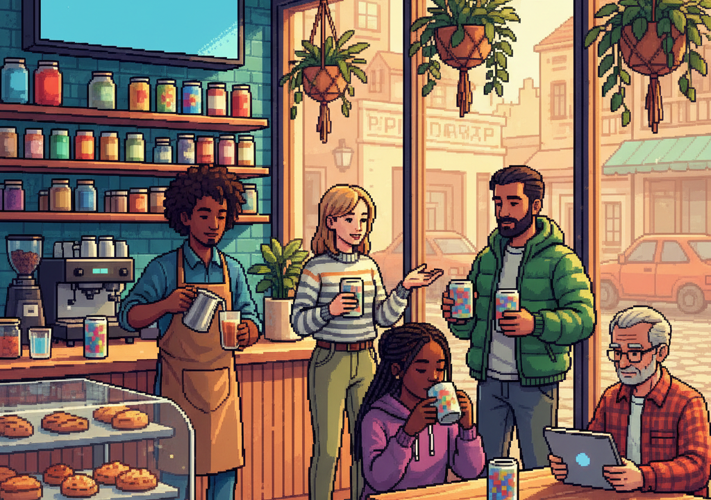 A diverse group of young professionals in casual modern attire gathering in a brightly lit, glass-walled coastal cafe, holding sleek aluminum cans and ceramic mugs, with vibrant green holly-like plants visible in decorative planters in the background.