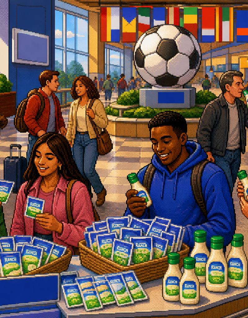 Assortment of small Ranch dressing packets and mini bottles with a soccer ball and stadium in the background