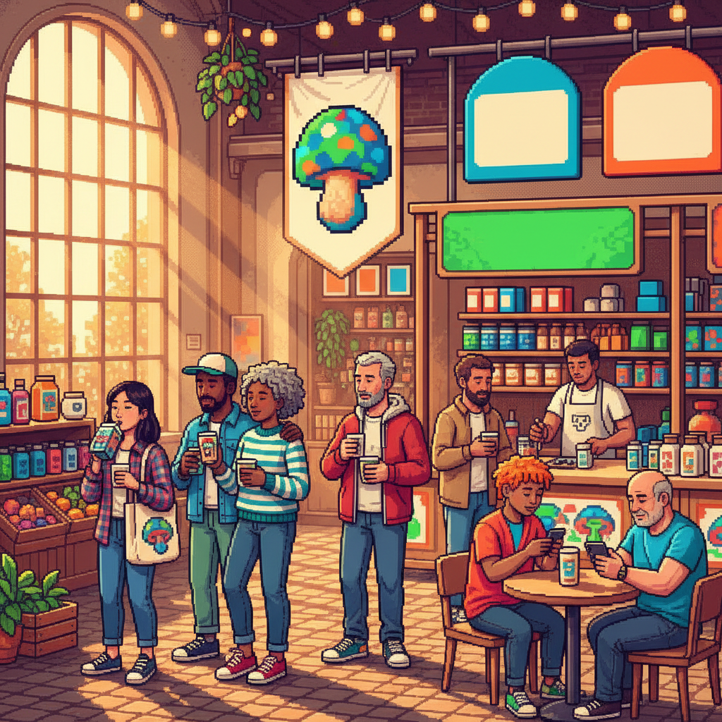 A modern, sunlit collaborative workspace where diverse young professionals in casual attire sit around a large oak table, some drinking from sleek minimalist cans and others sharing small plates of mushroom-infused snacks while looking at digital tablets.