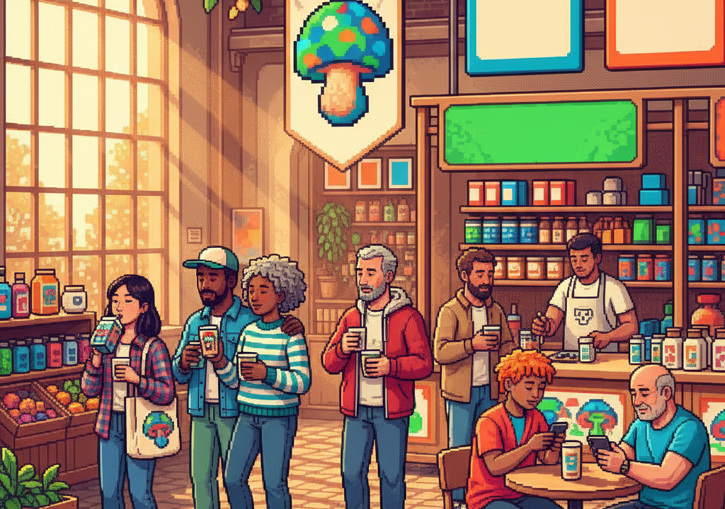 A modern, sunlit collaborative workspace where diverse young professionals in casual attire sit around a large oak table, some drinking from sleek minimalist cans and others sharing small plates of mushroom-infused snacks while looking at digital tablets.