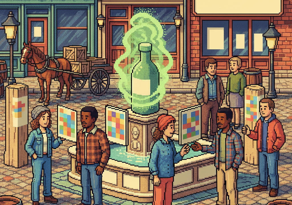 A vintage-style illustration of a person confidently speaking to another person, with abstract representations of freshness and good hygiene around them. The background is a soft, muted color palette.