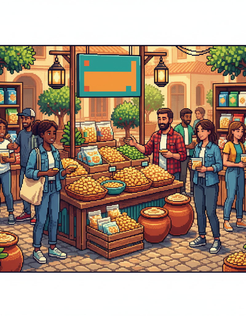 A wide, vibrant scene in a modern metropolitan open-air market where diverse professionals in stylish casual wear are gathered around a gourmet food stall. Several people are tasting artisanal snack pouches and vibrant salads featuring small yellow beans, while others talk animatedly in the background near a sleek, wood-paneled food truck.