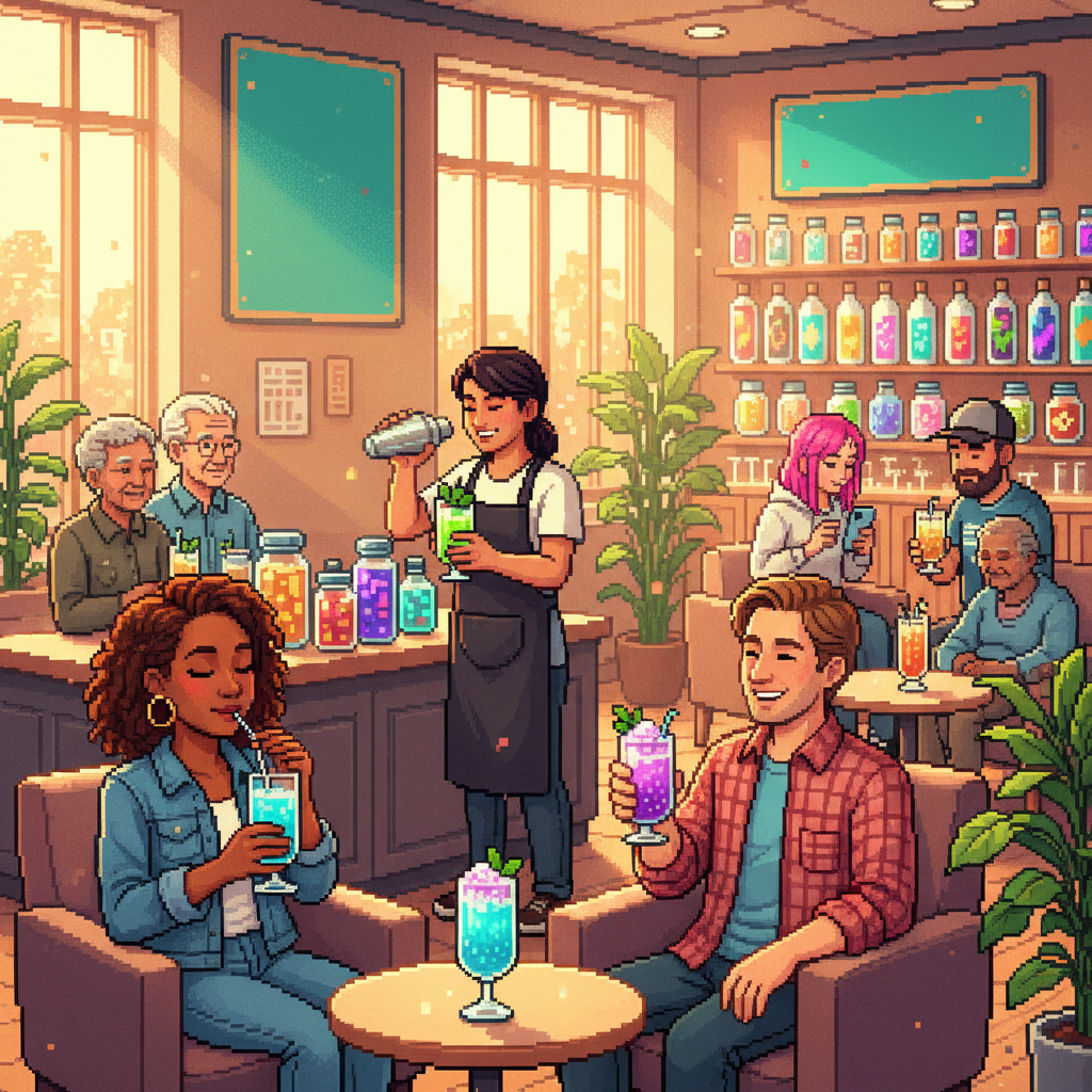 A pixel-art scene of a cozy modern lounge where people are gathered around a circular bar, sipping glowing violet and deep blue drinks from stemmed glassware under a starry night sky visible through large glass windows.