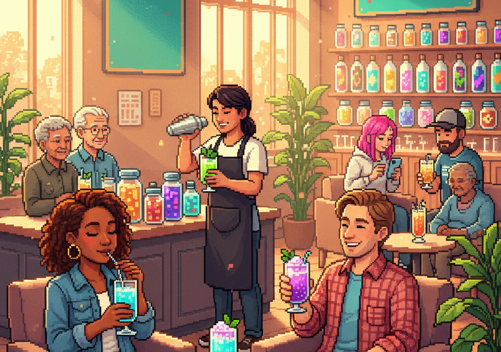 A pixel-art scene of a cozy modern lounge where people are gathered around a circular bar, sipping glowing violet and deep blue drinks from stemmed glassware under a starry night sky visible through large glass windows.