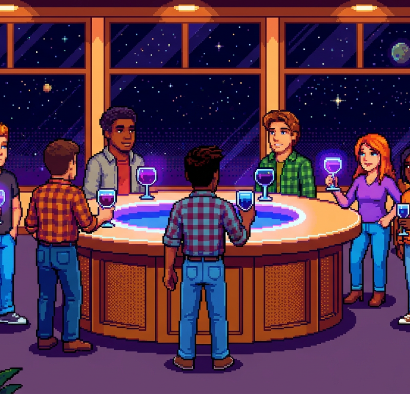 A pixel-art scene of a cozy modern lounge where people are gathered around a circular bar, sipping glowing violet and deep blue drinks from stemmed glassware under a starry night sky visible through large glass windows.