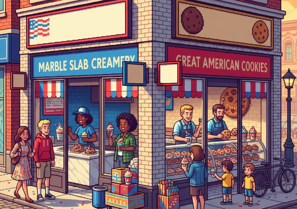 A festive display of red, white, and blue themed ice cream and cookies from Marble Slab Creamery and Great American Cookies.