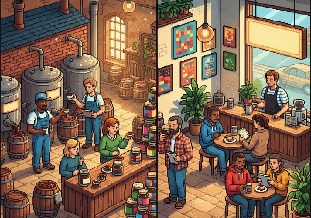A whimsical, pixel-art scene depicting a towering jar of Marmite beside a classic old-world brewery, with tiny figures of soldiers in the background carrying rations.