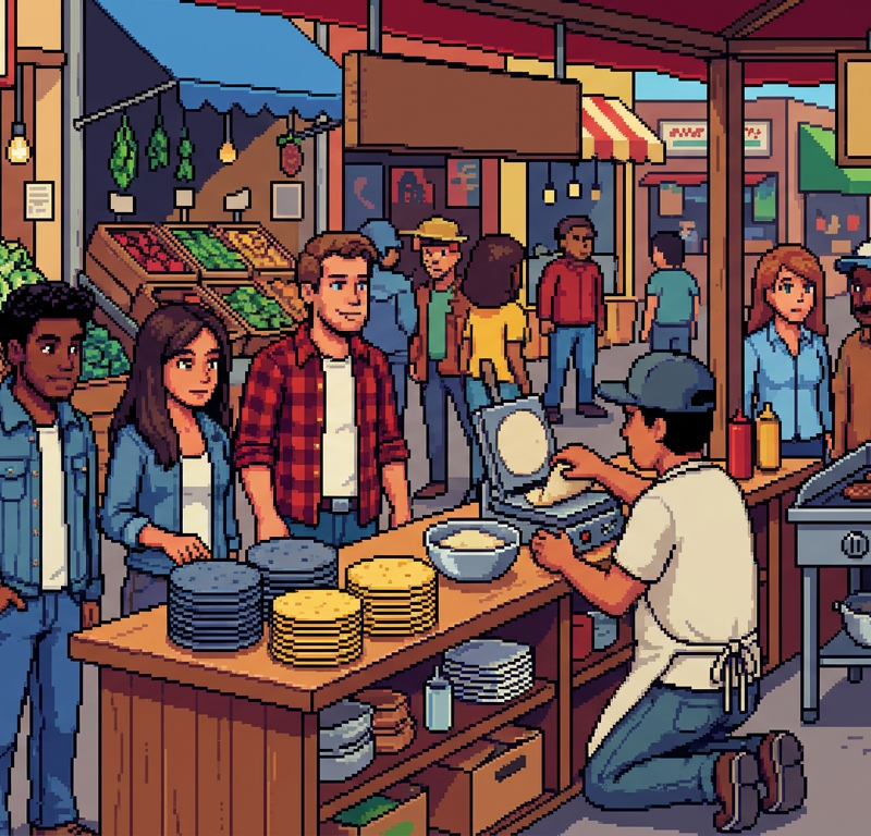 A bustling modern neighborhood market scene where a diverse group of young professionals and families explore a vibrant taco bar and artisanal tortilla stand. People in colorful casual wear are examining beautiful blue and yellow corn tortillas while a chef prepares fresh masa in the background.