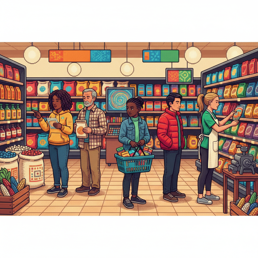 A bustling modern neighborhood market scene where a diverse group of young professionals and families explore a vibrant taco bar and artisanal tortilla stand. People in colorful casual wear are examining beautiful blue and yellow corn tortillas while a chef prepares fresh masa in the background.