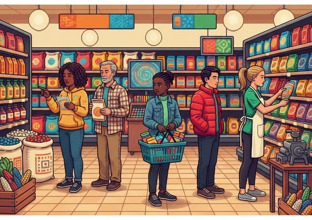 A bustling modern neighborhood market scene where a diverse group of young professionals and families explore a vibrant taco bar and artisanal tortilla stand. People in colorful casual wear are examining beautiful blue and yellow corn tortillas while a chef prepares fresh masa in the background.