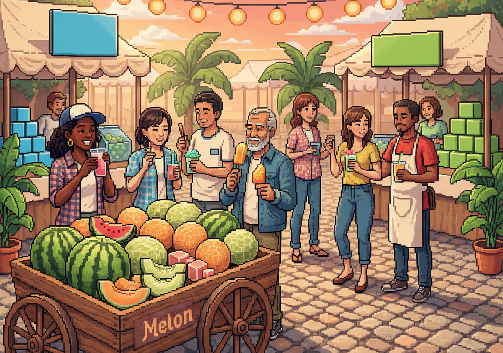 Watermelon wedges, honeydew slices and cantaloupe surround sparkling beverages and colorful melon-inspired candy.