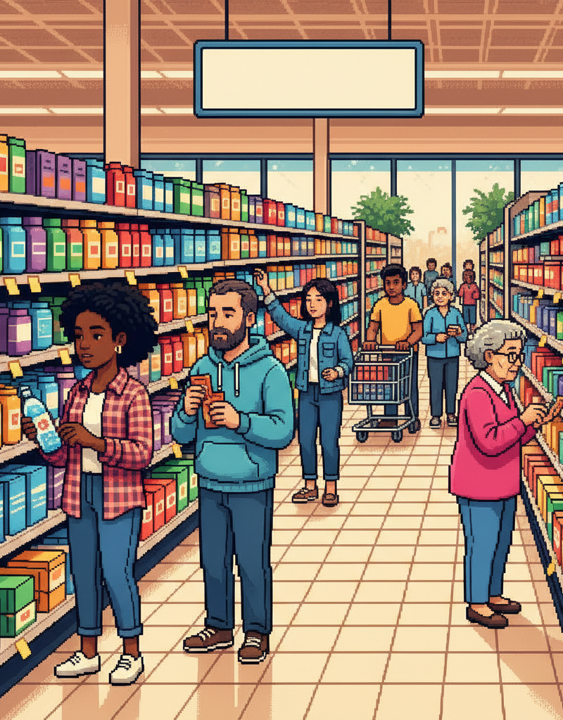 A group of diverse professionals in their 30s and 40s gathering in a modern, sunlit communal kitchen space, some holding sleek aluminum cans and others sharing small, thoughtfully packaged functional snacks while engaged in vibrant conversation.