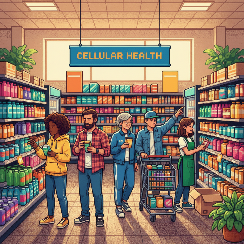 A group of diverse professionals in their 30s and 40s gathering in a modern, sunlit communal kitchen space, some holding sleek aluminum cans and others sharing small, thoughtfully packaged functional snacks while engaged in vibrant conversation.