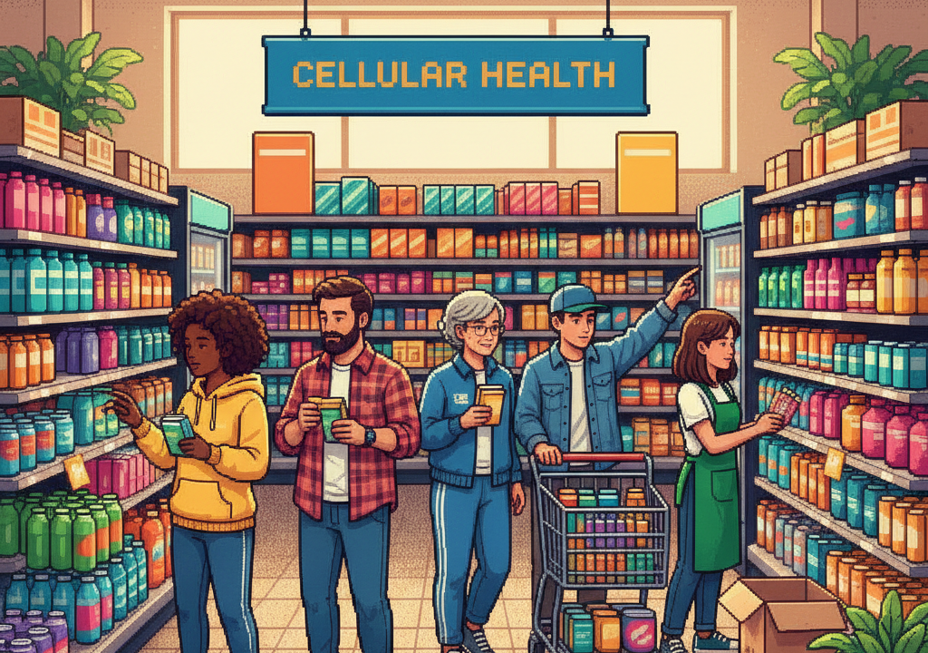 A group of diverse professionals in their 30s and 40s gathering in a modern, sunlit communal kitchen space, some holding sleek aluminum cans and others sharing small, thoughtfully packaged functional snacks while engaged in vibrant conversation.