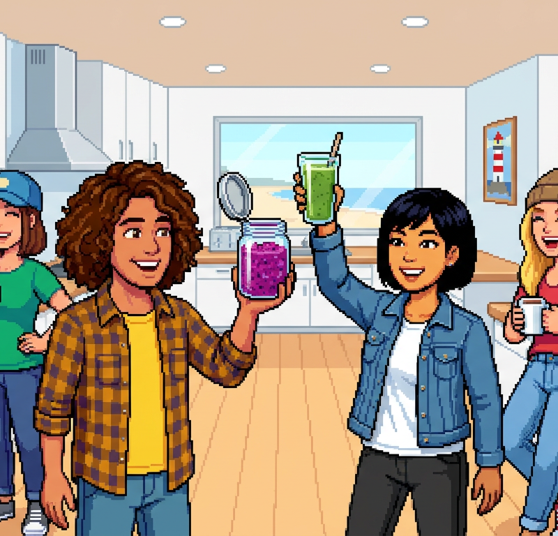 A group of diverse young adults in a bright modern kitchen, one person is opening a jar of purple sea moss gel, others are holding smoothies and laughing, minimalist coastal decor in the background.