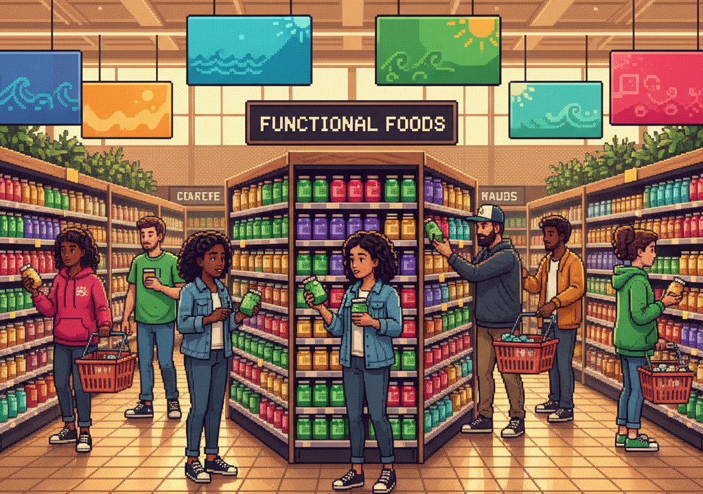 A group of diverse young adults in a bright modern kitchen, one person is opening a jar of purple sea moss gel, others are holding smoothies and laughing, minimalist coastal decor in the background.