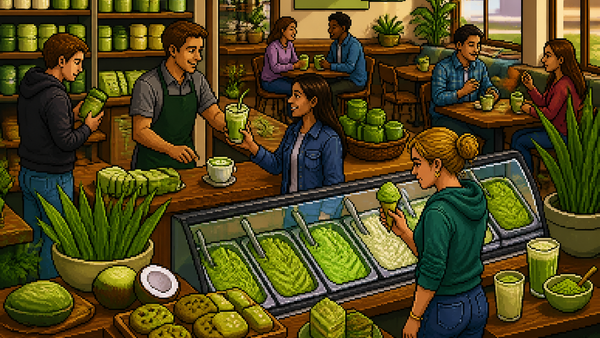 Pixel-art Filipina barista serving a bright green pandan latte at a tropical golden-hour counter
