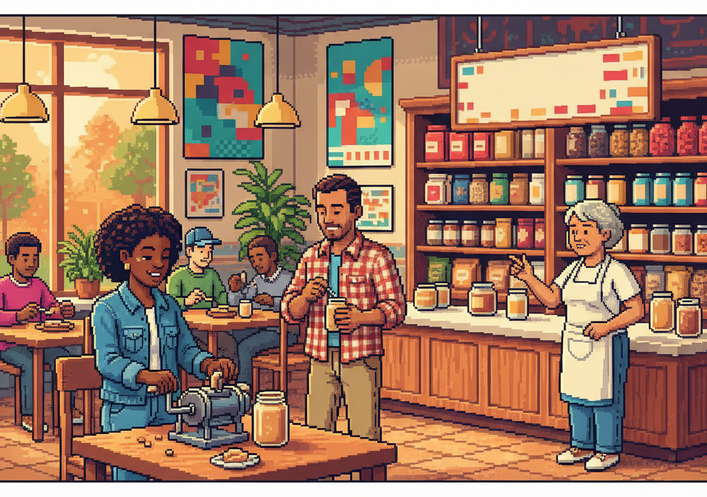 A pixel-art depiction of a vintage sanitarium building with a jar of peanut butter floating nearby