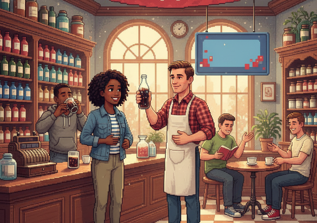 A pixel art rendering of an old-fashioned soda fountain with a pharmacist behind the counter, colorful bottles, and a clock showing the time, evoking a historical setting.