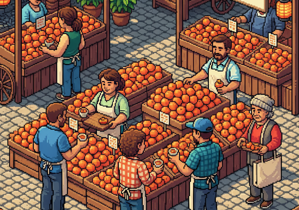 Produce staff and shoppers examining autumn persimmons